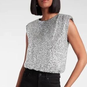 Express Silver Sequined Padded Shoulder Crew Neck Banded Waist Party Top Sz:L